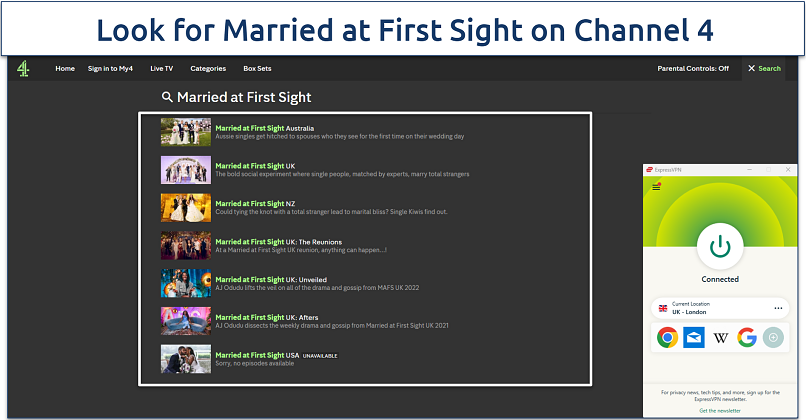 Screenshot of the search result of Married at First Sight in Channel 4