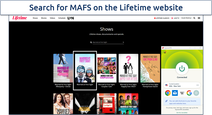 Screenshot of the search results for Married at First Sight on Lifetime