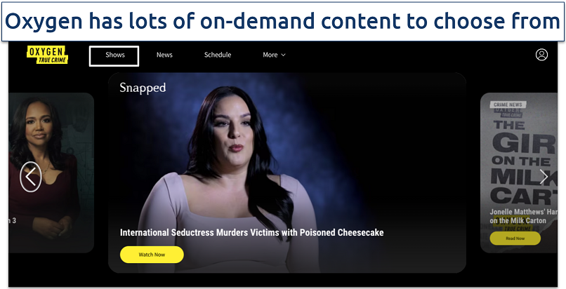 Screenshot of Oxygen True Crime TV website showing where you can find the channel’s shows
