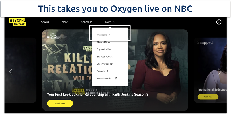 Screenshot of Oxygen TV’s website showing how to find the Watch Live option