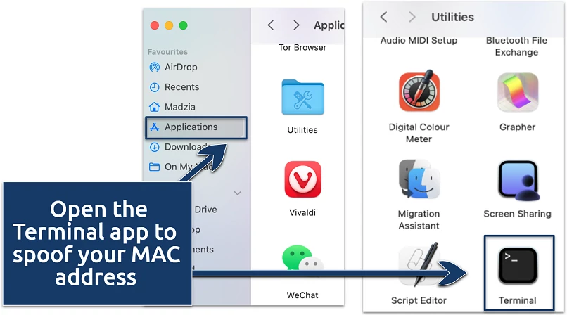 Screenshot showing MAC address Terminal app on Mac