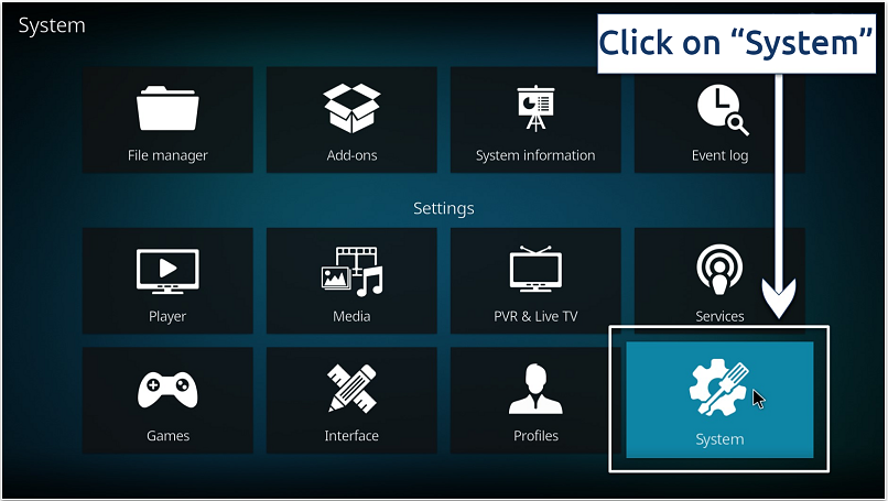 A screenshot showing Kodi’s System box that takes you to the add-on area
