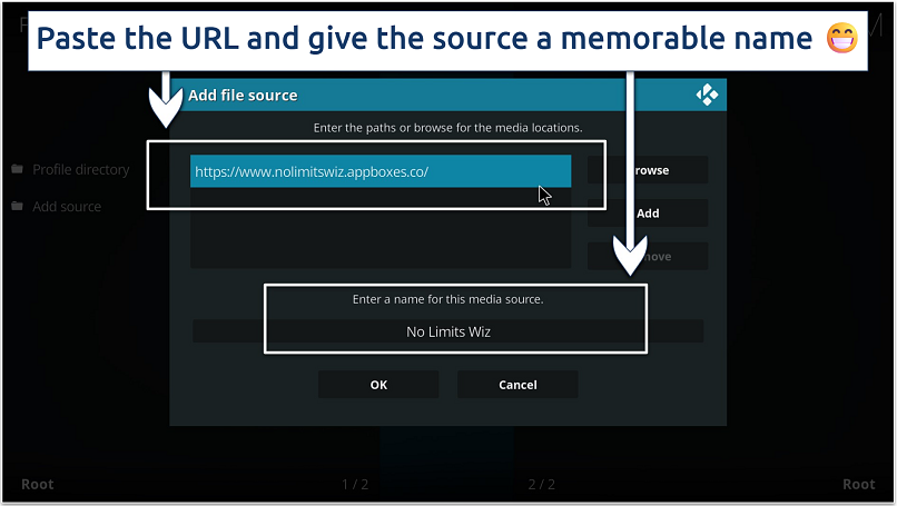 A screenshot showing it’s easy to add the URL of a repository and give it a name in Kodi