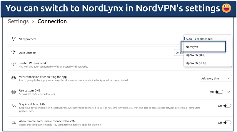 Screenshot of NordVPN Windows dashboard showing the protocol options