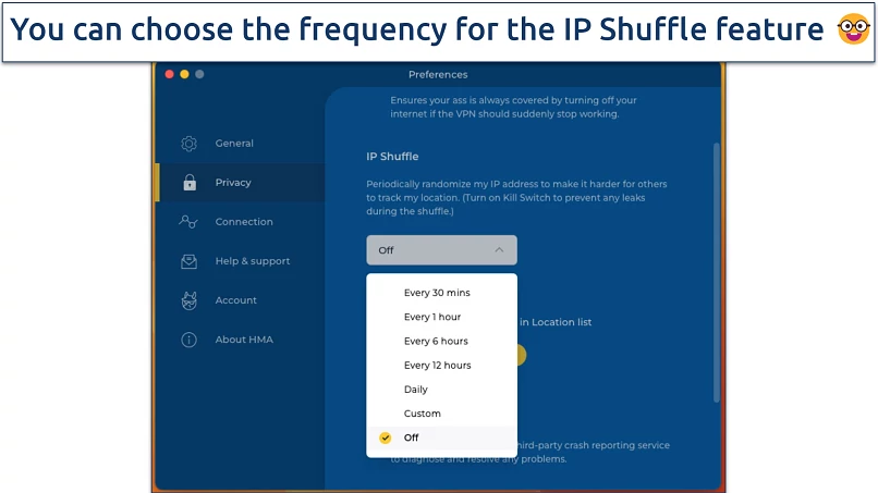 Screenshot of the settings menu in the HMA VPN app