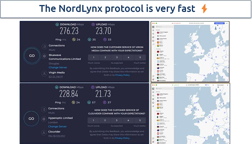 NordVPN speed test results on a UK server