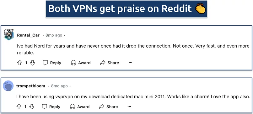 Screenshot of positive posts on Reddit for NordVPN and VyprVPN