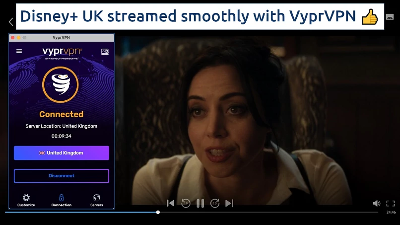 Screenshot showing the VyprVPN app over a web browser streaming Disney+