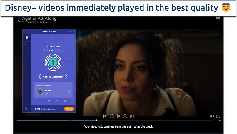 Screenshot of Disney+ player streaming Agatha All Along while connected to PrivadoVPN's free Miami server