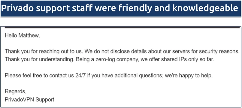 Screenshot of a conversation with Privado support where they state they can't offer more information about their server network 