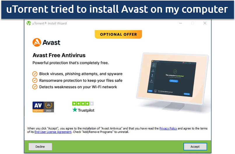 Screenshot showing uTorrent’s trying to install Avast during the installation process