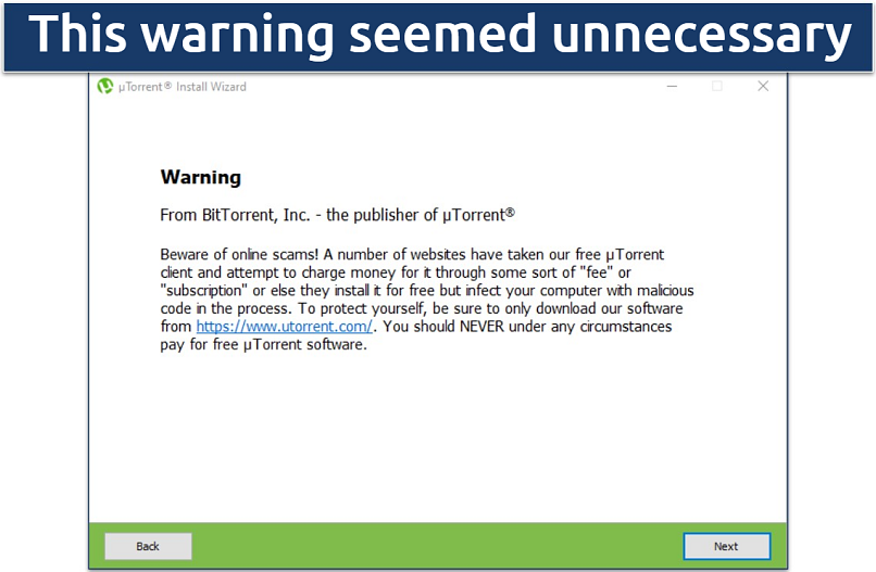 Screenshot showing uTorrent’s warning during the installation process