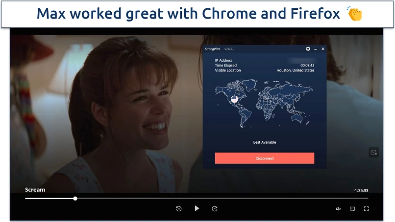 Screenshot of Max player streaming Scream while connected to StrongVPN's Houston server