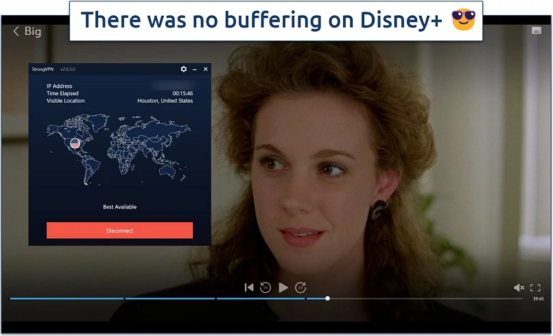 Screenshot of Disney+ player streaming Big while connected to StrongVPN's Houston server 