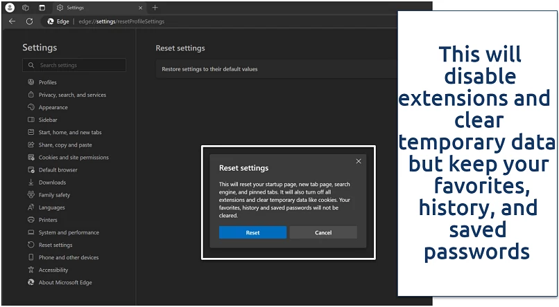 Screenshot of Microsoft Edge reset option