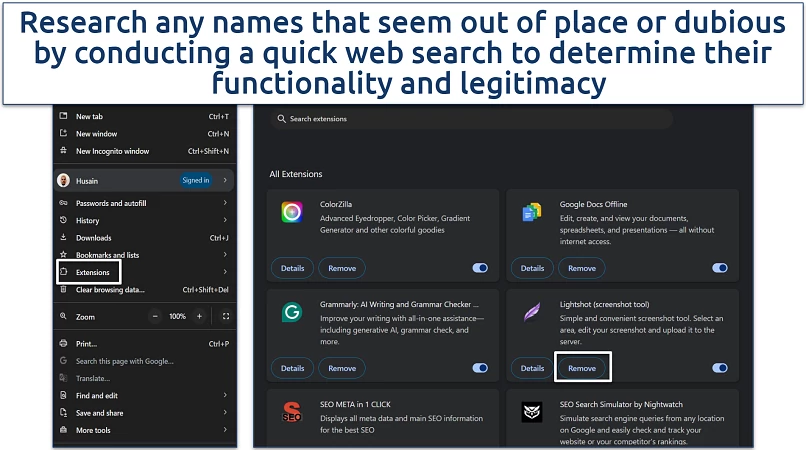 Screenshot of Chrome's extension settings
