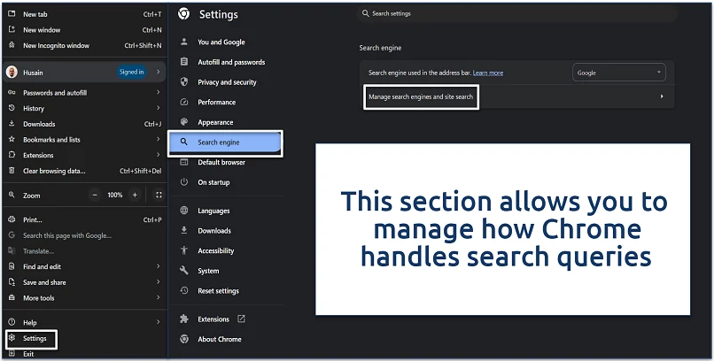 Screenshot of Chrome's search engine settings