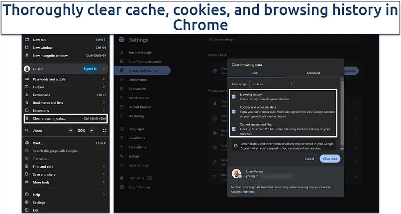 Sreenshot of Chrome clean browsing data settings