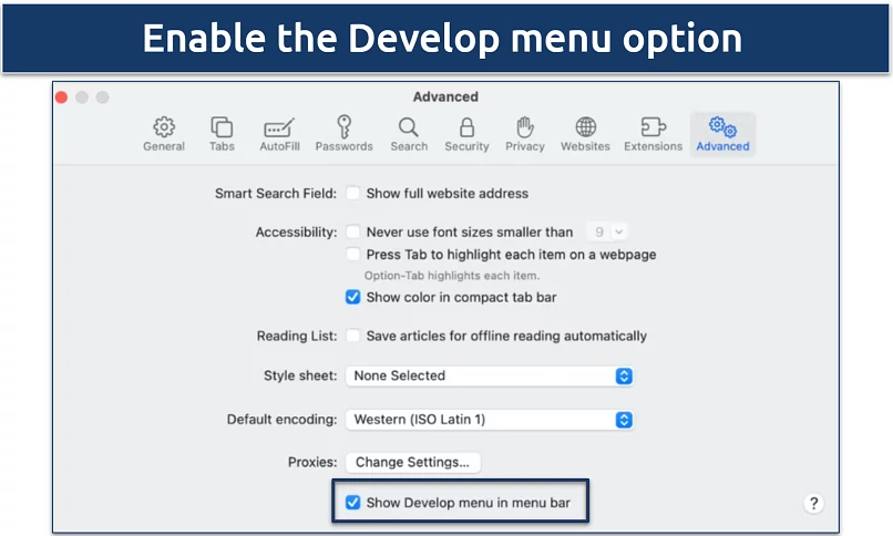 Screenshot of Safari advanced settings tab