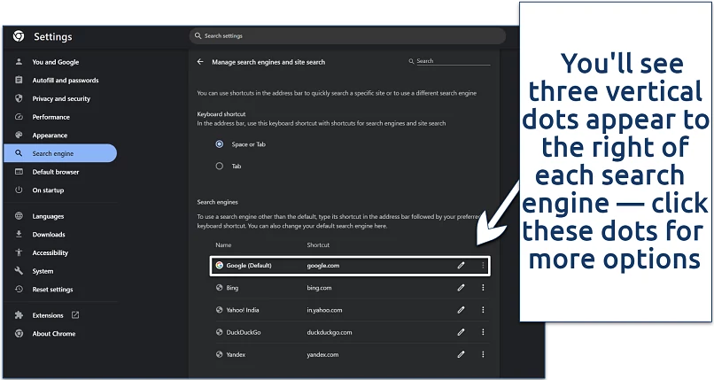 Screenshot of Chrome's search engine options to use