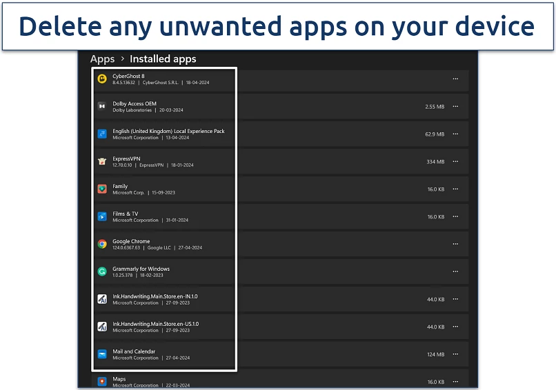 Screenshot of Windows installed app settings