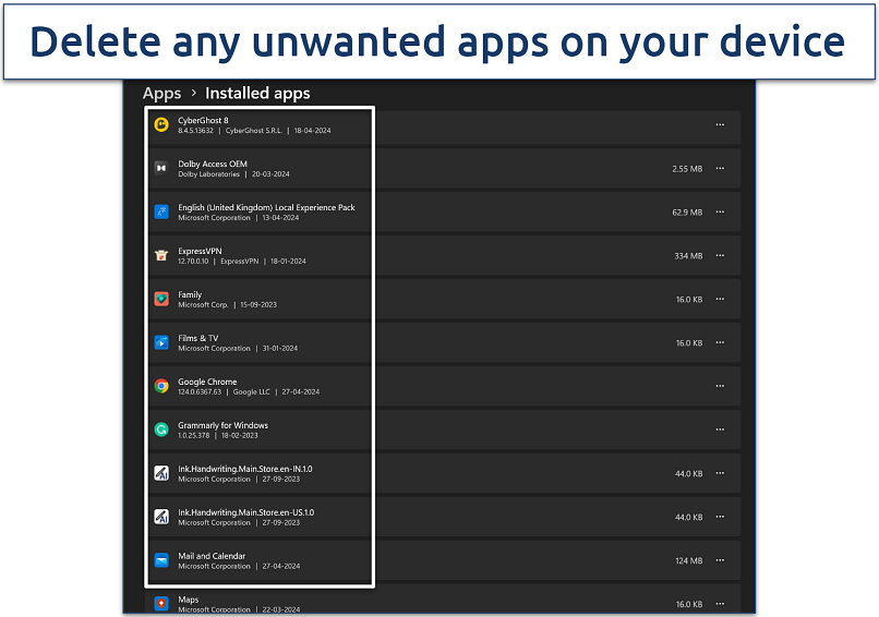 Screenshot of Windows installed app settings