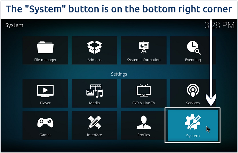 Screenshot showing Kodi’s main settings page