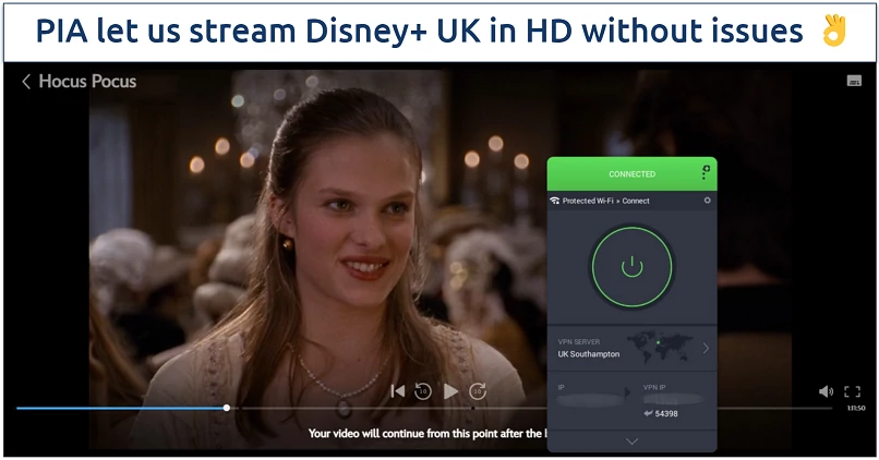 Streaming Disney+ UK while connected to PIA's UK Southampton server
