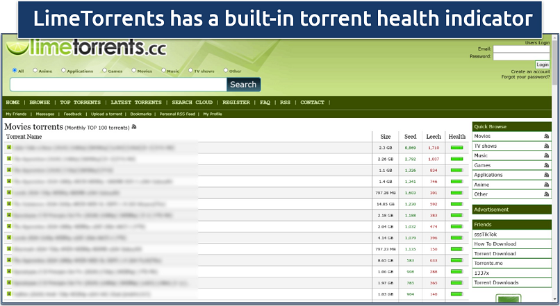 Screenshot of LimeTorrent’s homepage