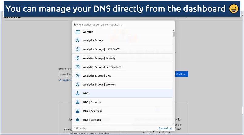 Screenshot of Cloudflare's dashboard with DNS records, settings, and analytics