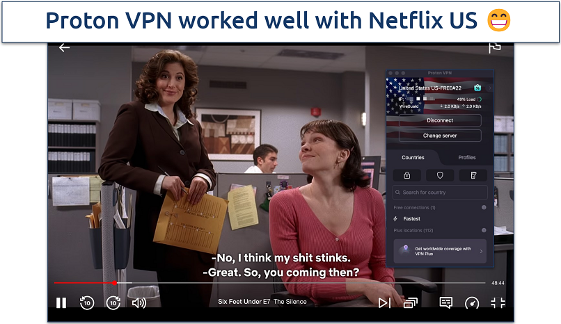 Screenshot of Six Feet Under streaming on Netflix US with Proton VPN connected
