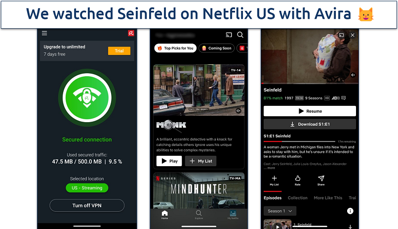 A screenshot of watching Seinfeld on Netflix US while connected to an Avira Phantom VPN US server