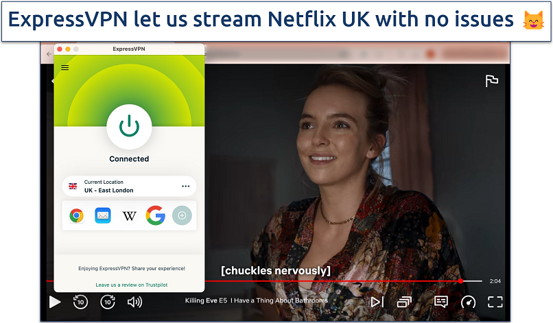 Screenshot of Killing Eve streaming on Netflix UK with ExpressVPN connected