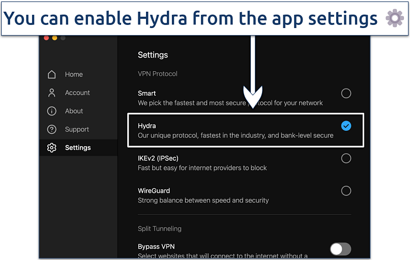 Screenshot showing how to enable Hotspot Shield’s Hydra protocol