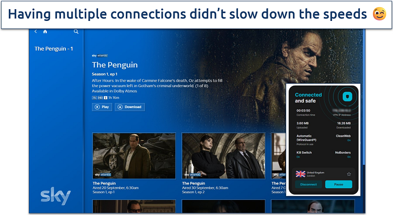 Screenshot of The Penguin on Sky Go with Surfshark connected