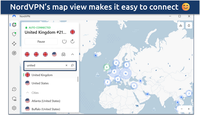 Screenshot of NordVPN’s Windows app showing connection to United Kingdom server