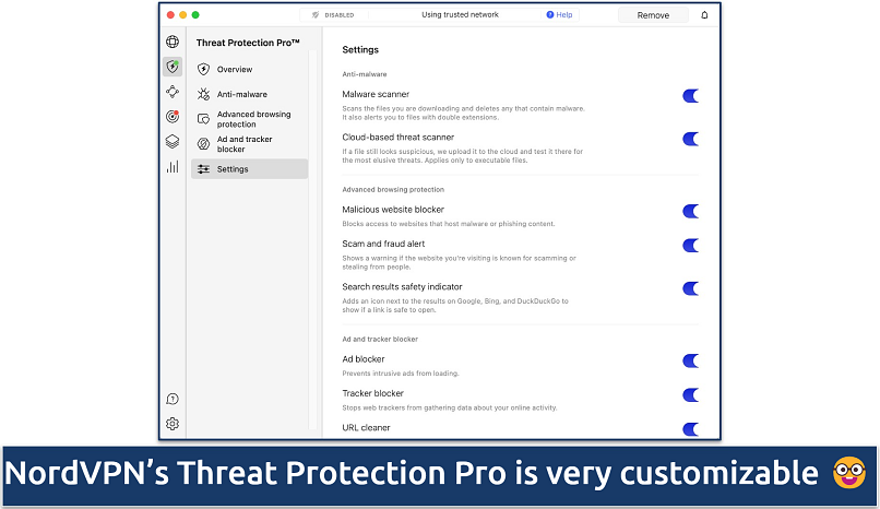 Screenshot showing the settings for NordVPN’s Threat Protection Pro