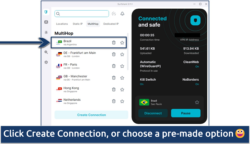 Screenshot showing Surfshark’s MultiHop connections