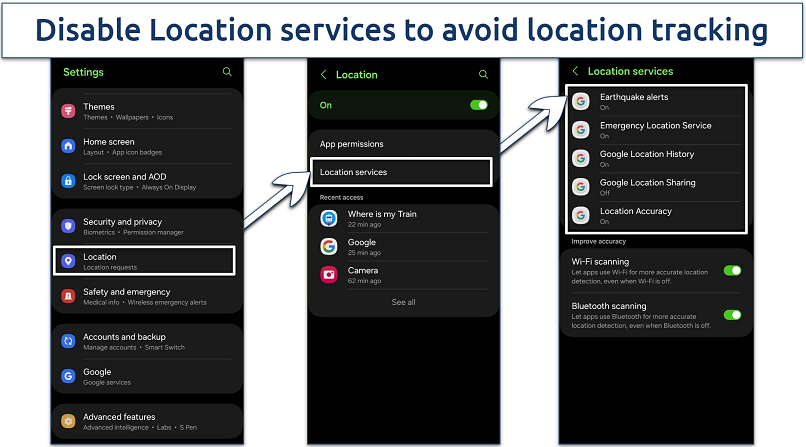 Screenshot of location services on Android