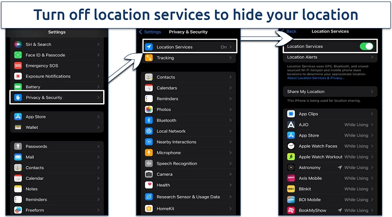 Screenshot of location services on iPhone