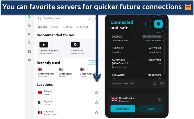 Screenshot showing Surfshark's app interface and the ability to favorite servers 