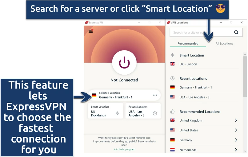 ExpressVPN's app displaying the server network and 