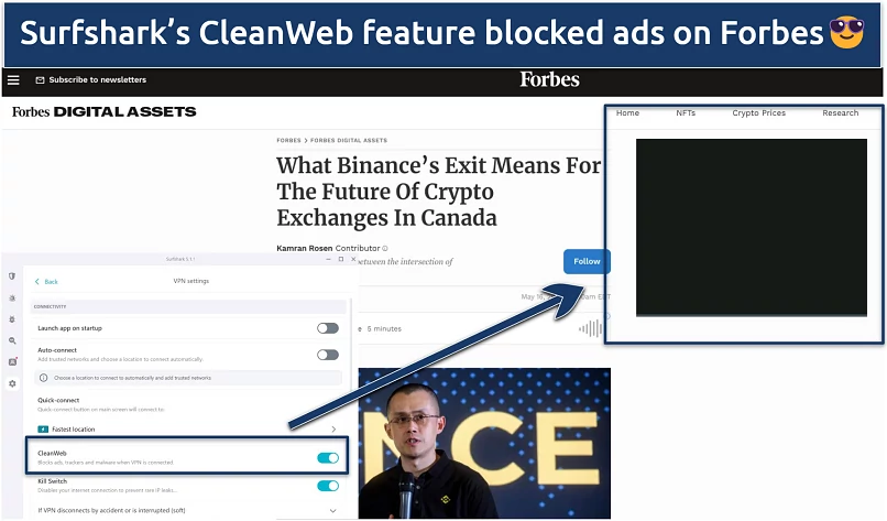 Visiting Forbes website without any ads with Surfshark's CleanWeb enabled