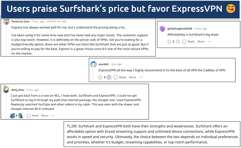 Screenshots of Reddit comments discussing both ExpressVPN and Surfshark