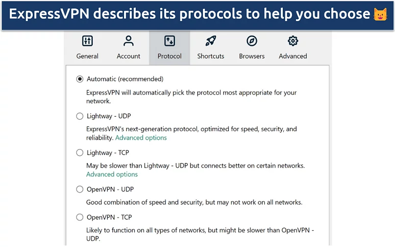 ExpressVPN's app displaying the Protocol options