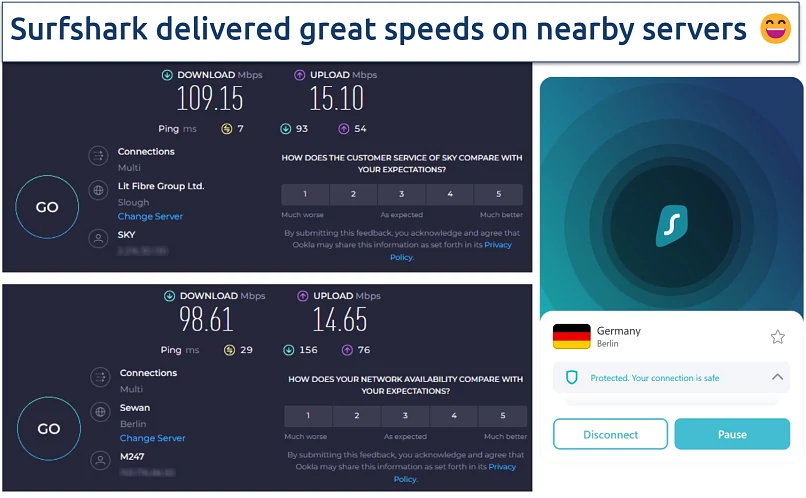 Speed test results showing fast speeds while connected to Surfshark's Berlin and UK servers