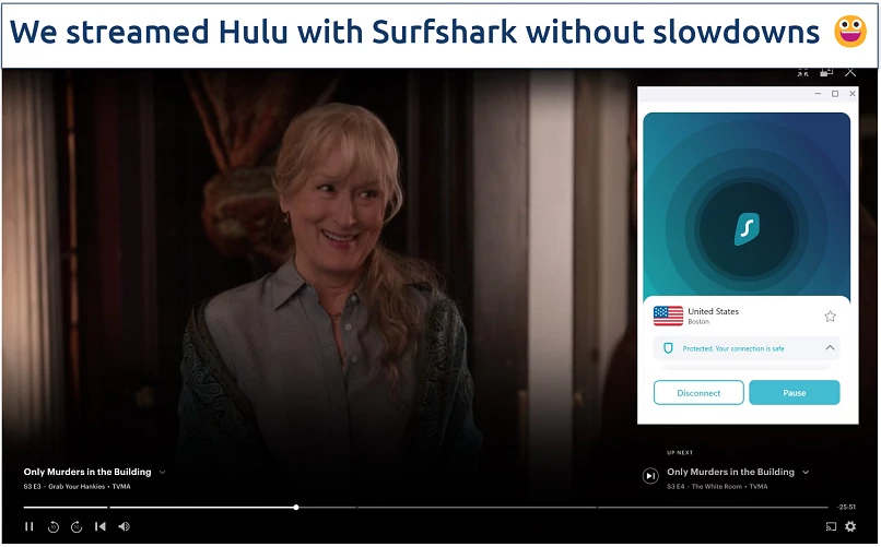 Watching Hulu with Surfshark connected