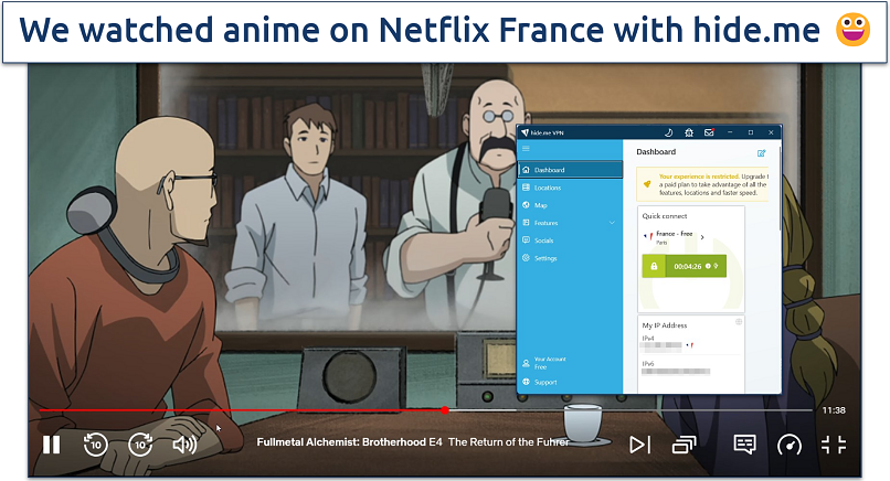 Screenshot of Fullmetal Alchemist streaming on Netflix France with hide.me connected