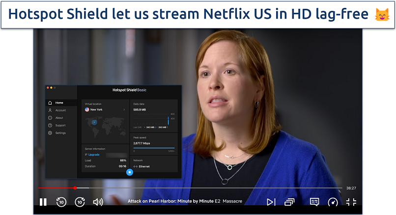 Screenshot of Attack on Pearl Harbor streaming on Netflix US with Hotspot Shield connected