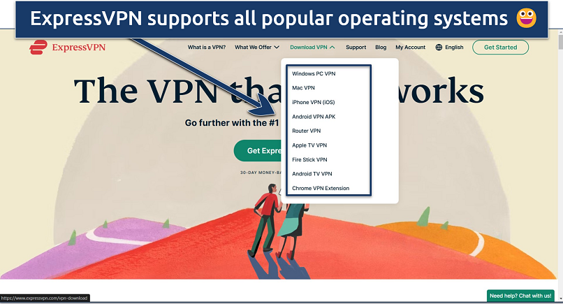 Screenshot of ExpressVPN’s homepage with download links for all supported platforms